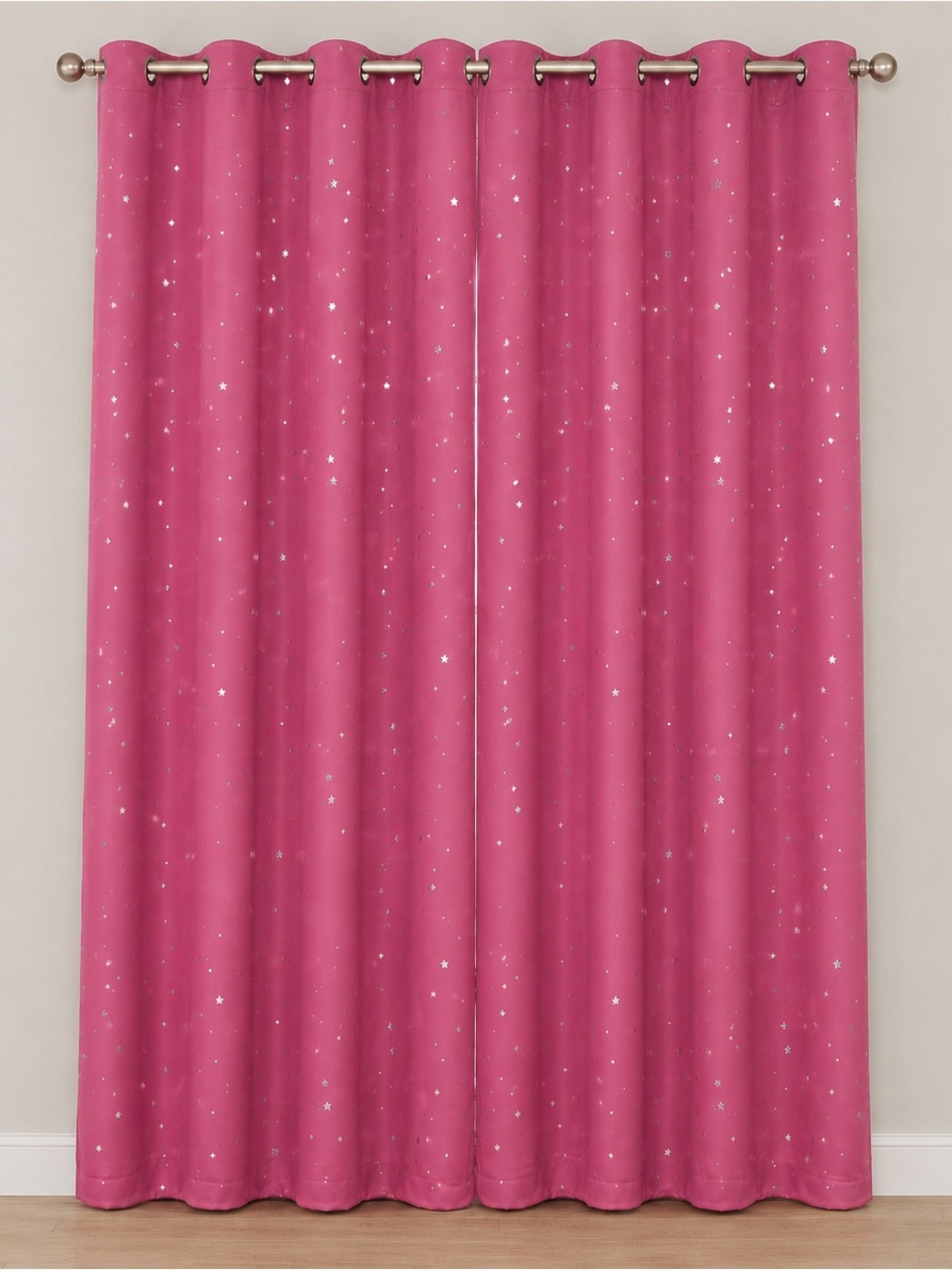 Set of Blush Pink & Silver Foil Stars Celestial Black Out Grommet Curtains